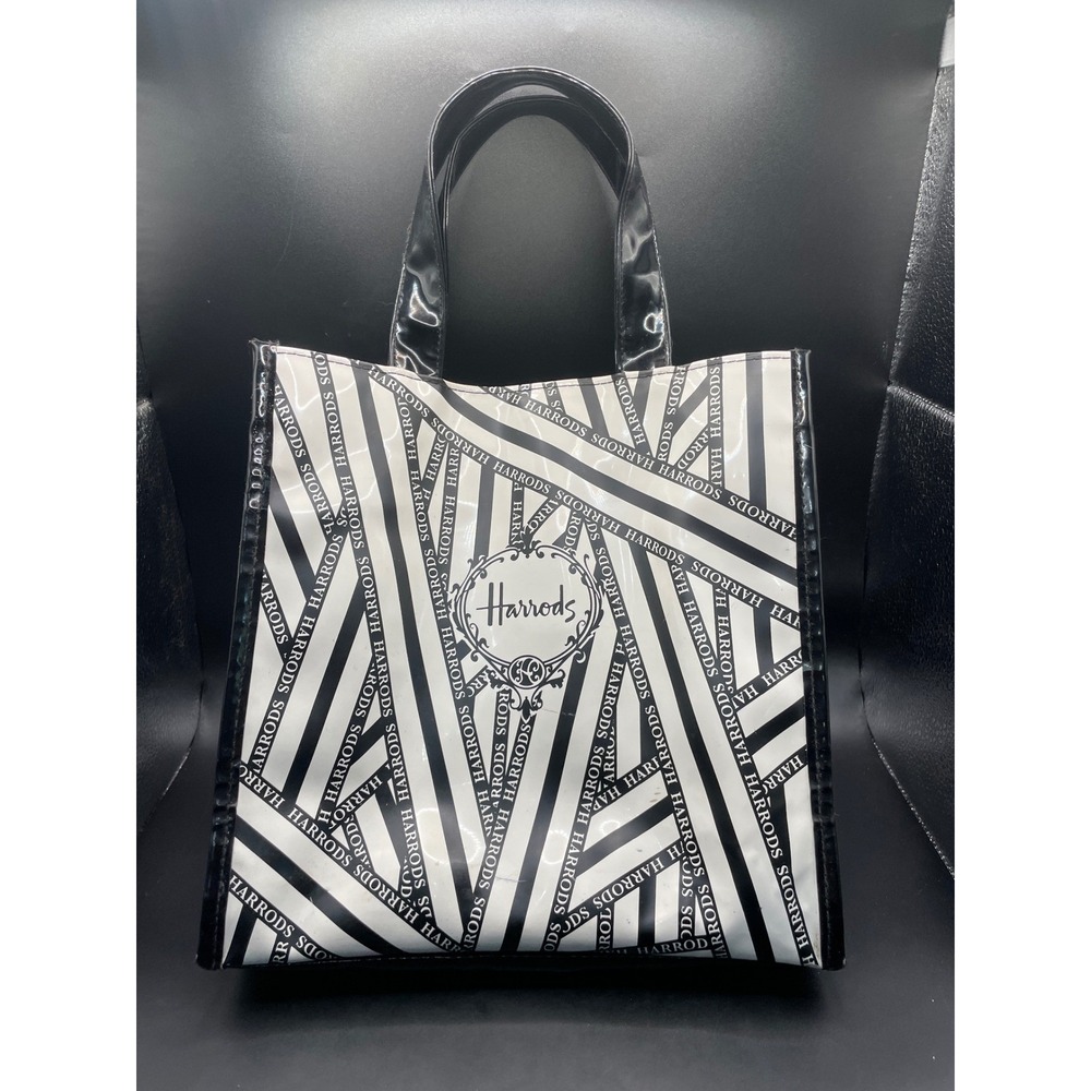 Harrods Small Shopper Tote Bag Black White Ribbon Logo Patent Magnetic Button